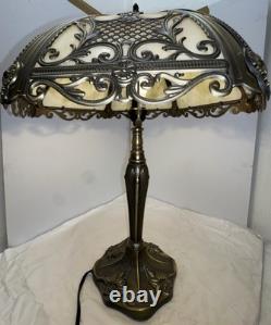 Vintage Decorative Table Lamp with Ornate Metal and Slag Glass Shade
