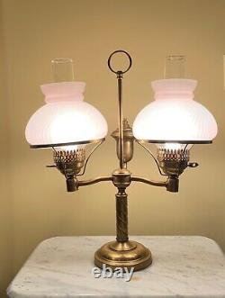 Vintage Double Arm Brass Student Lamp Satin Pink Swirl Shades