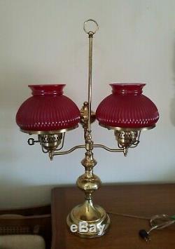 Vintage Double Arm Brass Student Table Lamp With Ruby Red Glass Shades Hurricane