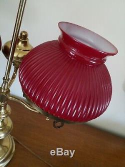 Vintage Double Arm Brass Student Table Lamp With Ruby Red Glass Shades Hurricane