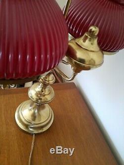 Vintage Double Arm Brass Student Table Lamp With Ruby Red Glass Shades Hurricane