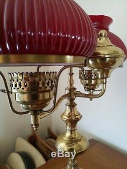 Vintage Double Arm Brass Student Table Lamp With Ruby Red Glass Shades Hurricane