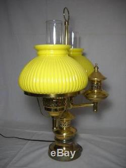 Vintage Double Student Brass Lamp with Yellow Ribbed Cased Glass Shades