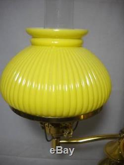 Vintage Double Student Brass Lamp with Yellow Ribbed Cased Glass Shades