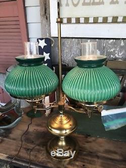 Vintage Double Student Lamp withGreen Ribbed Glass Shades & Hurricane chimneys