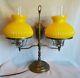 Vintage Double Student Lamp Withyellow Ribbed Glass Shades & Hurricane Chimneys