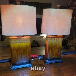 Vintage Drip Glaze Rectangular Ceramic Lamps Burlap Shades