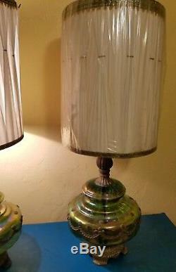 Vintage EK 1972 Carnival Glass Hollywood Regency Lamps with Shades