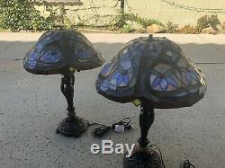 Vintage Early Pair Of Tiffany Style Stained Glass Shades With Marble Base Lamps