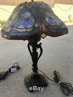 Vintage Early Pair Of Tiffany Style Stained Glass Shades With Marble Base Lamps