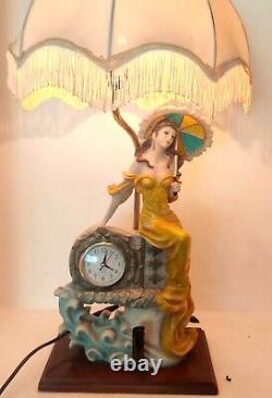 Vintage Electric Table Lamp Resin Hand Painted Lady Statue W Shade Cute tall 27