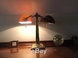 Vintage Emeralite DOUBLE Antique Partners Desk Lamp with Amber Glass Shades