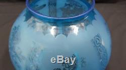 Vintage Etched Floral Geometric Frosted Blue Glass Lantern Lamp Shade Globe