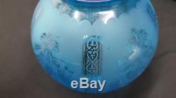 Vintage Etched Floral Geometric Frosted Blue Glass Lantern Lamp Shade Globe