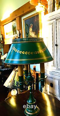 Vintage Federal Tole Bouillotte Lamp Metal Tin with Green Gold Wreath Lamp Shade