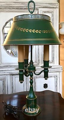 Vintage Federal Tole Bouillotte Lamp Metal Tin with Green Gold Wreath Lamp Shade