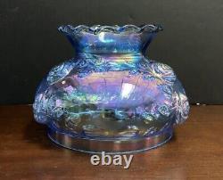 Vintage Fenton Cabbage Roses Blue Glass Lamp Shade Opalecent Finish