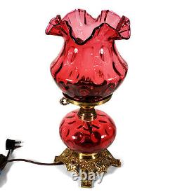 Vintage Fenton Cranberry Art Glass Coin Dot Spot Optic Table Lamp Ruffled Shade