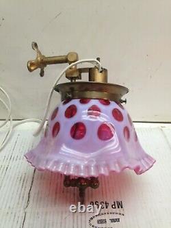 Vintage Fenton Cranberry Polka Dot Ruffled Glass Shade With Gas Light