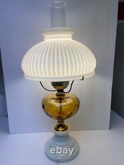 Vintage Fenton Glass Amber Electric Table Desk Lamp Glass Ribbed Base & Shade