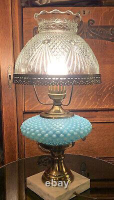 Vintage Fenton Hobnail Lamp Marble Base Blue Font cut glass clear shade