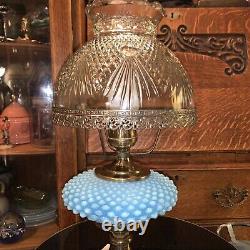 Vintage Fenton Hobnail Lamp Marble Base Blue Font cut glass clear shade