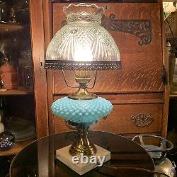 Vintage Fenton Hobnail Lamp Marble Base Blue Font cut glass clear shade