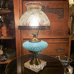 Vintage Fenton Hobnail Lamp Marble Base Blue Font cut glass clear shade