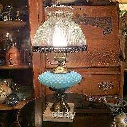 Vintage Fenton Hobnail Lamp Marble Base Blue Font cut glass clear shade
