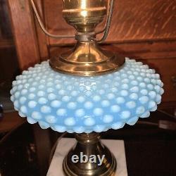 Vintage Fenton Hobnail Lamp Marble Base Blue Font cut glass clear shade