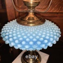 Vintage Fenton Hobnail Lamp Marble Base Blue Font cut glass clear shade