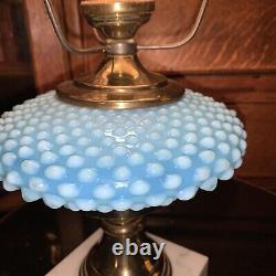 Vintage Fenton Hobnail Lamp Marble Base Blue Font cut glass clear shade