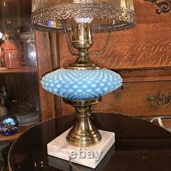 Vintage Fenton Hobnail Lamp Marble Base Blue Font cut glass clear shade