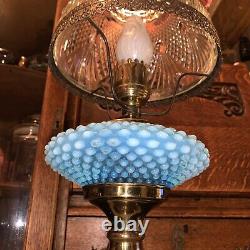 Vintage Fenton Hobnail Lamp Marble Base Blue Font cut glass clear shade