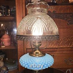 Vintage Fenton Hobnail Lamp Marble Base Blue Font cut glass clear shade