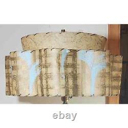 Vintage Fiberglass Lampshade 2-Tier Metal Frame Beige Gold Blue Accents 9 x 21