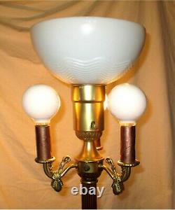 Vintage Floor Lamp Marble Base Textured Milk Glass Torchiere Shade 4 Bulbs 62