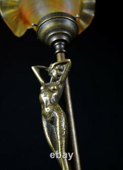Vintage French 1940s art deco bronze figural lamp nude female Vienne shade