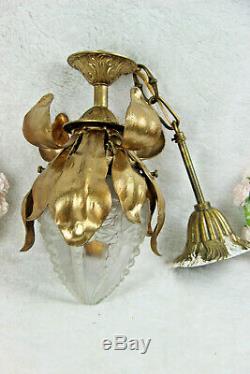 Vintage French Brass hall Lamp chandelier pendant acorn glass shade leaves