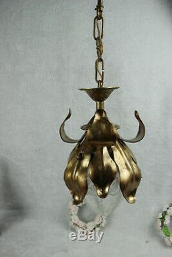 Vintage French Brass hall Lamp chandelier pendant acorn glass shade leaves
