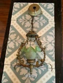 Vintage French Gilt Petite Chandelier Ceiling Pendant Lamp Green Glass Shade