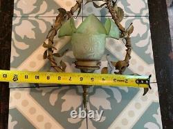 Vintage French Gilt Petite Chandelier Ceiling Pendant Lamp Green Glass Shade