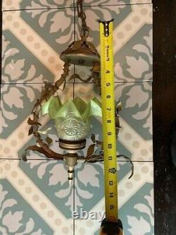 Vintage French Gilt Petite Chandelier Ceiling Pendant Lamp Green Glass Shade