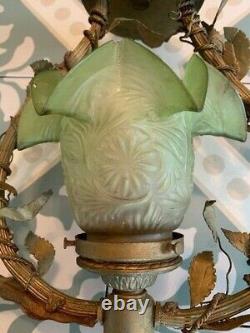 Vintage French Gilt Petite Chandelier Ceiling Pendant Lamp Green Glass Shade