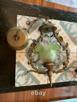 Vintage French Gilt Petite Chandelier Ceiling Pendant Lamp Green Glass Shade