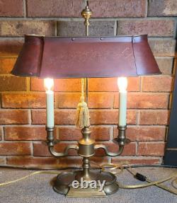 Vintage French Style Solid Brass Bouillotte Table Lamp withRed Tole Shade 23 tall