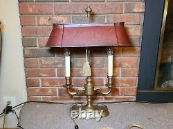 Vintage French Style Solid Brass Bouillotte Table Lamp withRed Tole Shade 23 tall