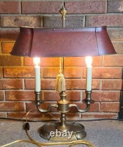 Vintage French Style Solid Brass Bouillotte Table Lamp withRed Tole Shade 23 tall