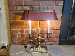 Vintage French Style Solid Brass Bouillotte Table Lamp withRed Tole Shade 23 tall