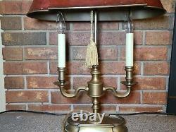 Vintage French Style Solid Brass Bouillotte Table Lamp withRed Tole Shade 23 tall